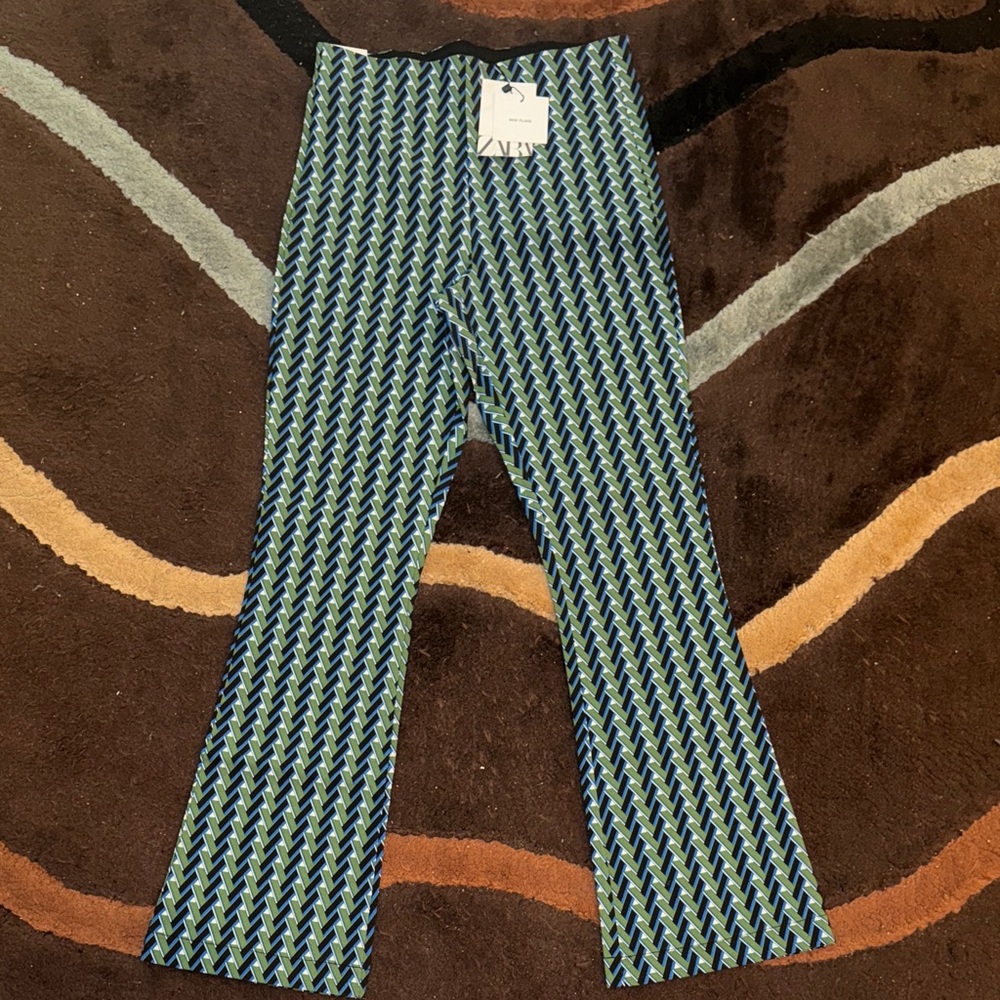Zara Blue and Green Patterned Mini Flare Pants